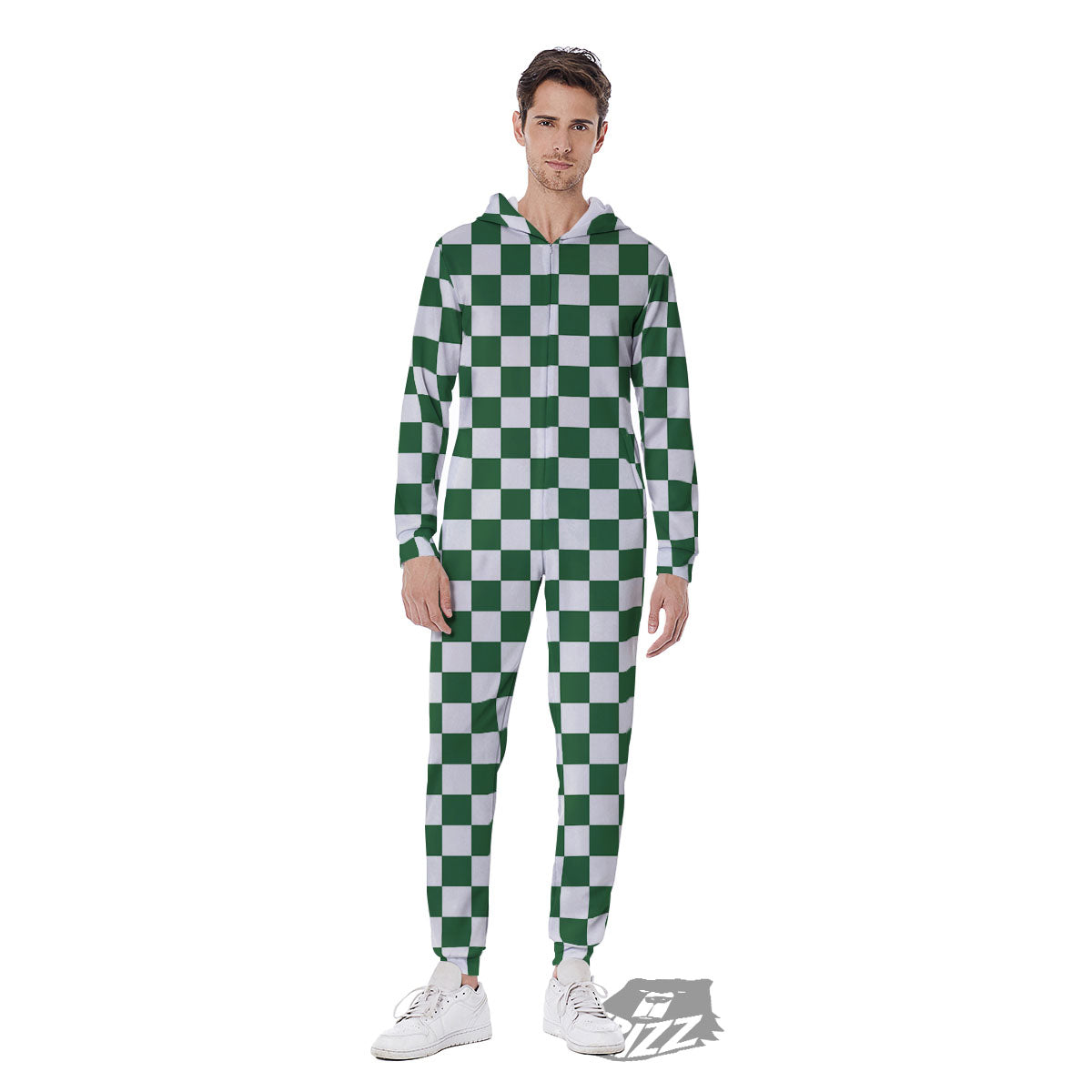Checkered White And Green Print Pattern Men's Jumpsuit-grizzshop