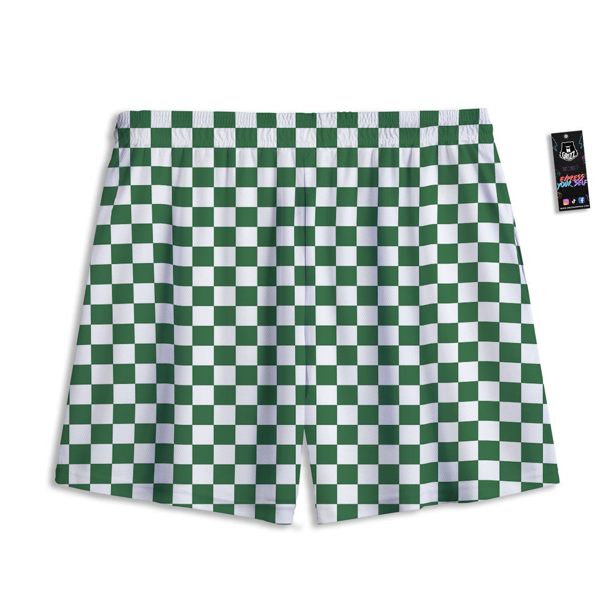 Checkered White And Green Print Pattern Mesh Shorts