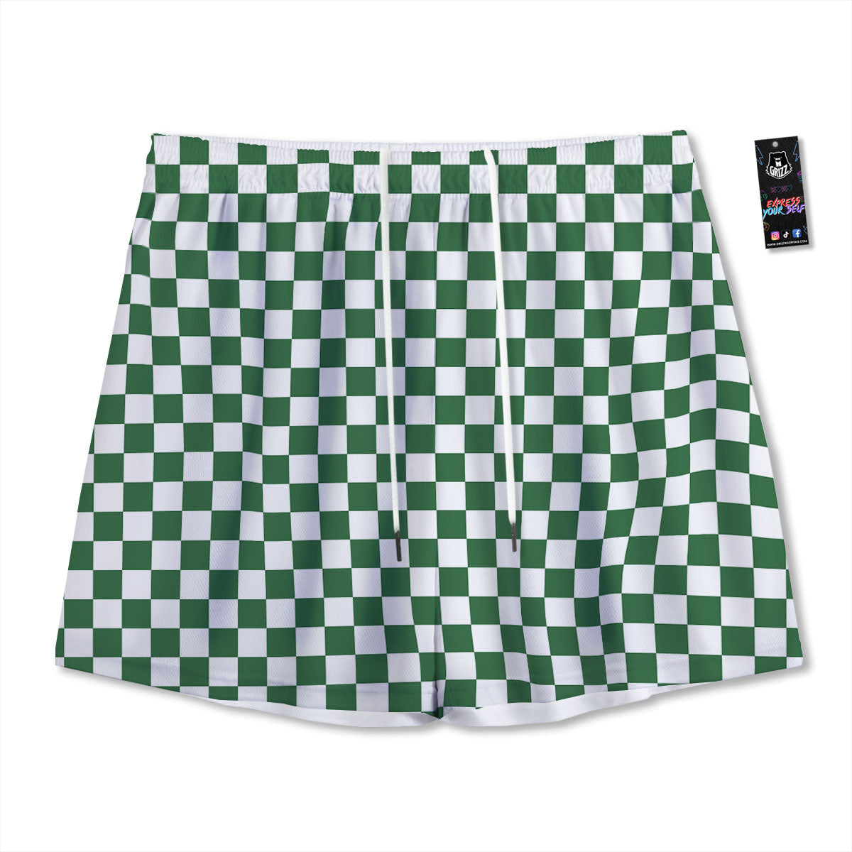 Checkered White And Green Print Pattern Mesh Shorts