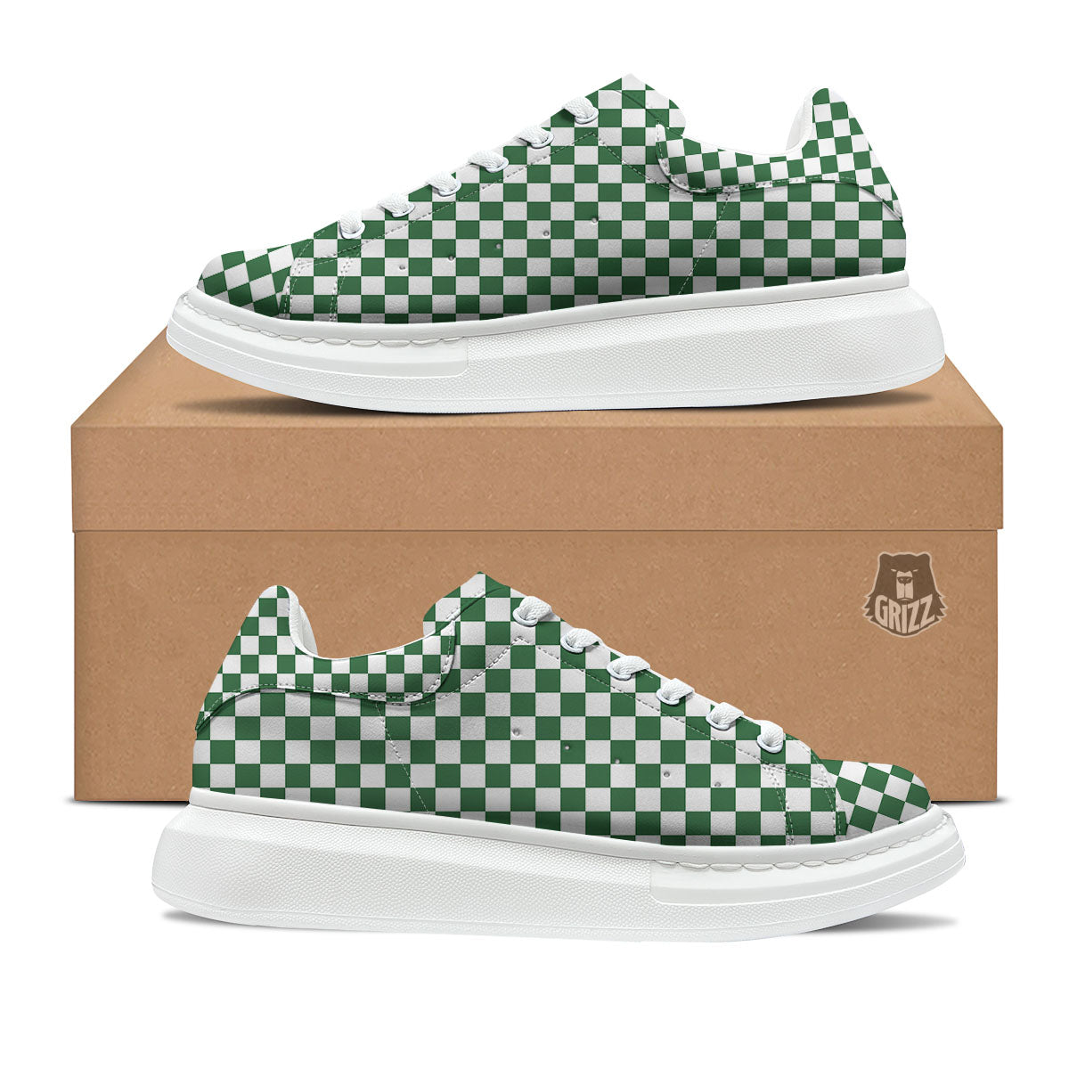 Checkered White And Green Print Pattern Platform Shoes-grizzshop