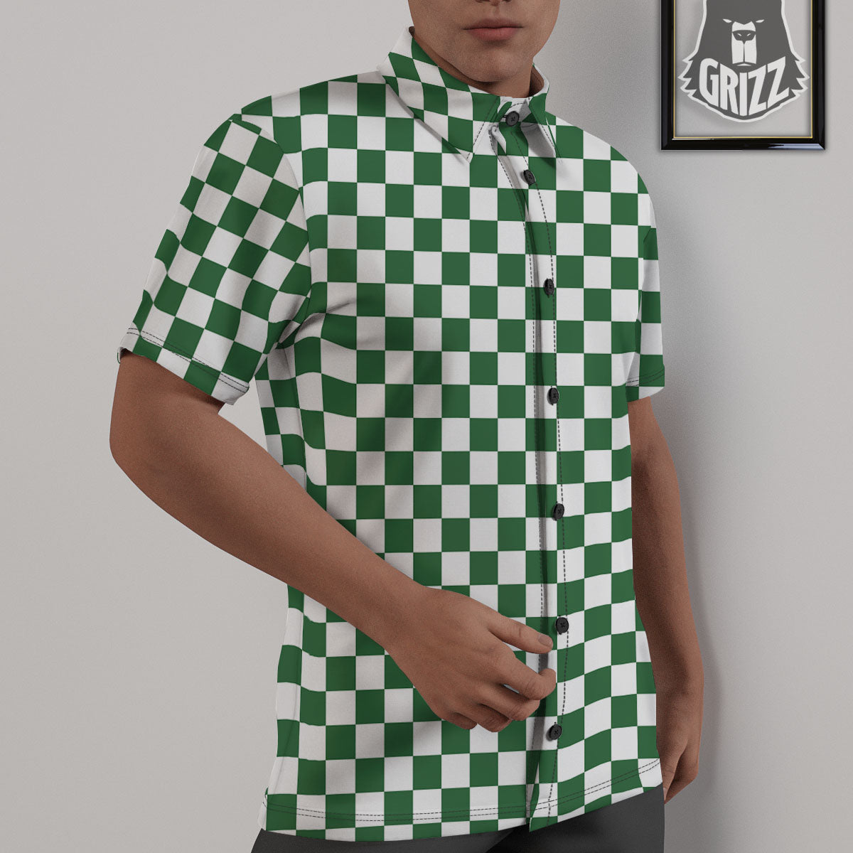 Checkered White And Green Print Pattern Untucked Shirts-grizzshop