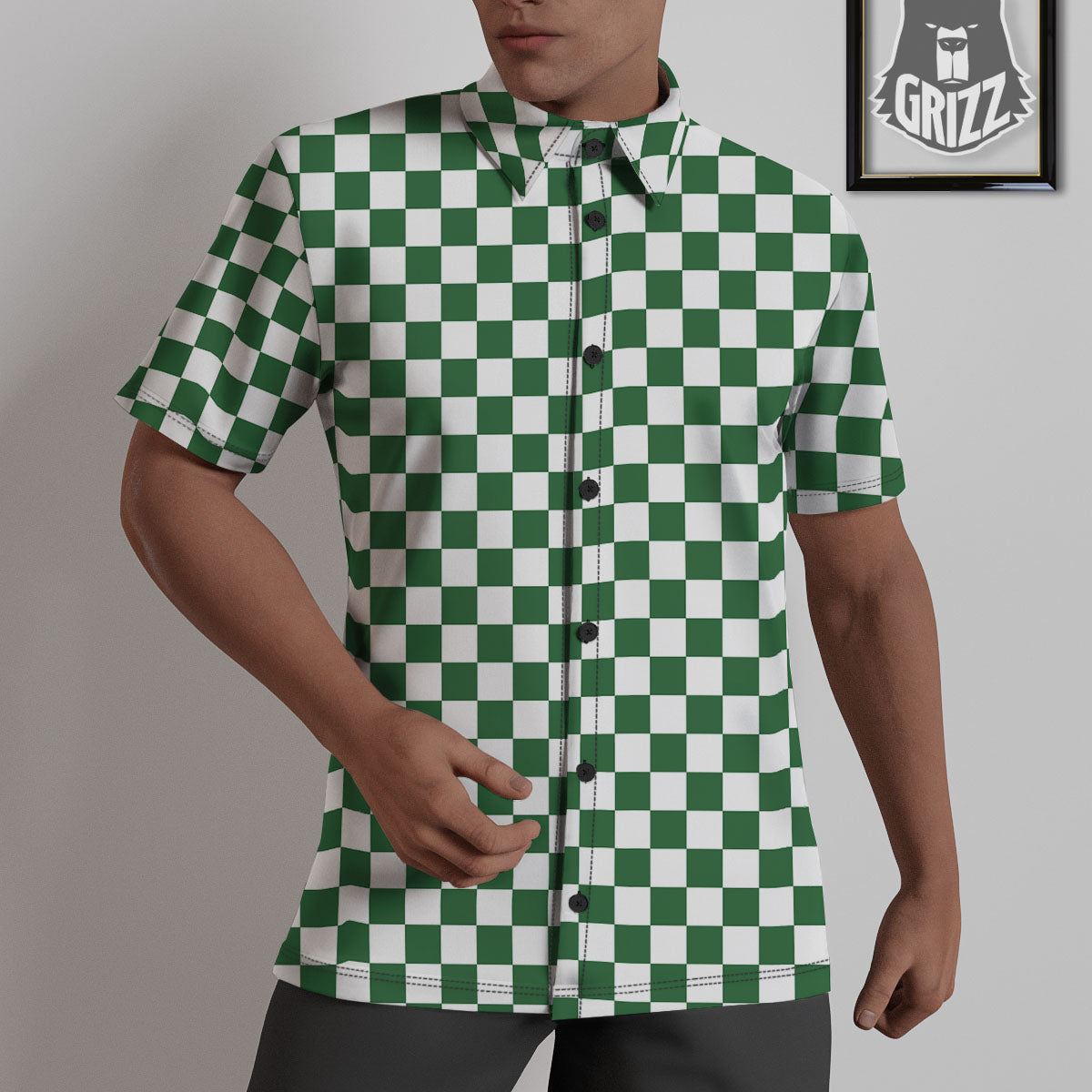 Checkered White And Green Print Pattern Untucked Shirts-grizzshop