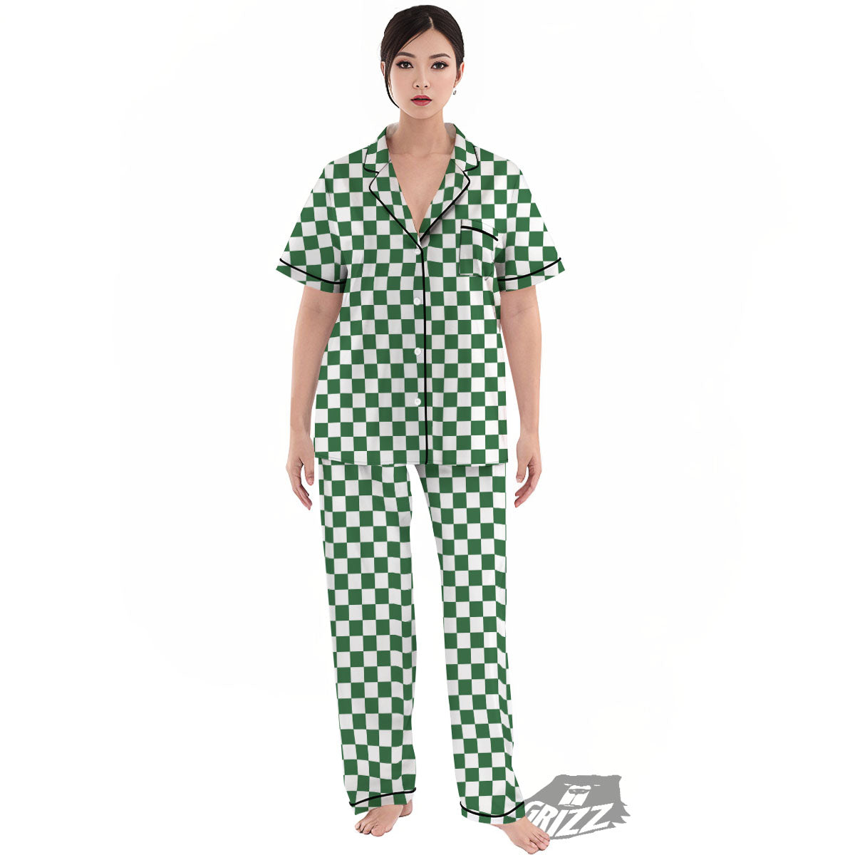 Checkered White And Green Print Pattern Women's Pajamas Set-grizzshop
