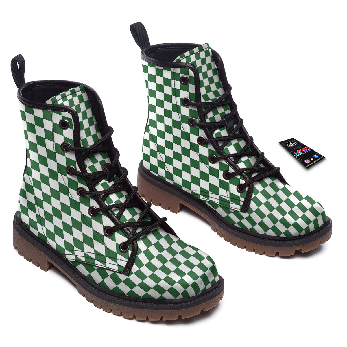 Checkered White And Green Print Pattern Work Boots-grizzshop