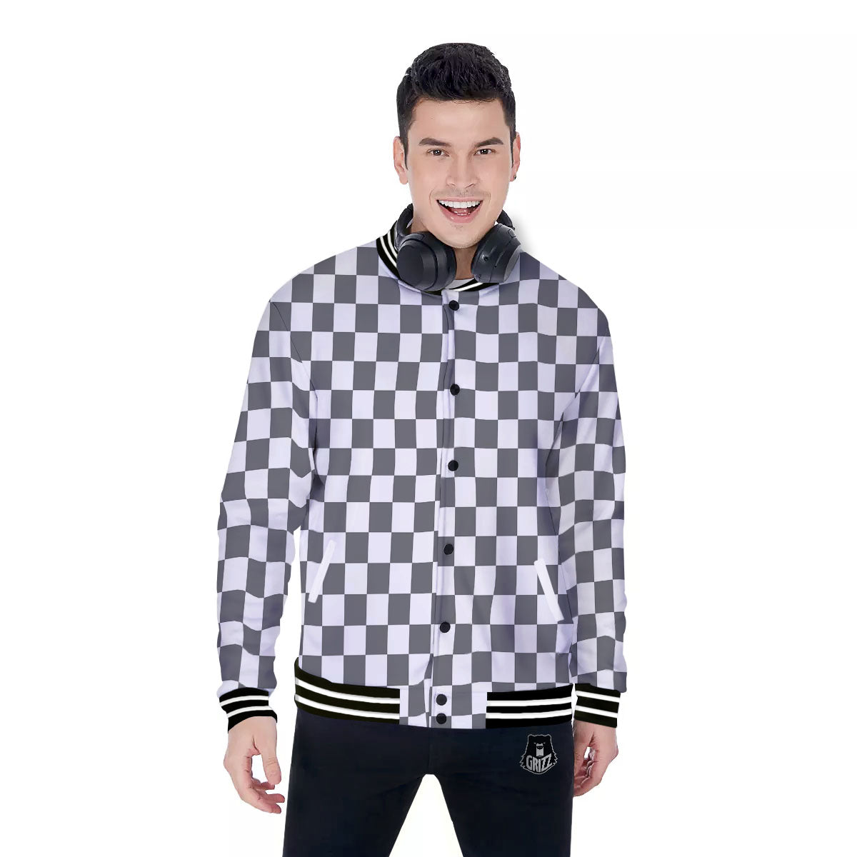 Checkered White And Grey Print Pattern Baseball Jacket-grizzshop