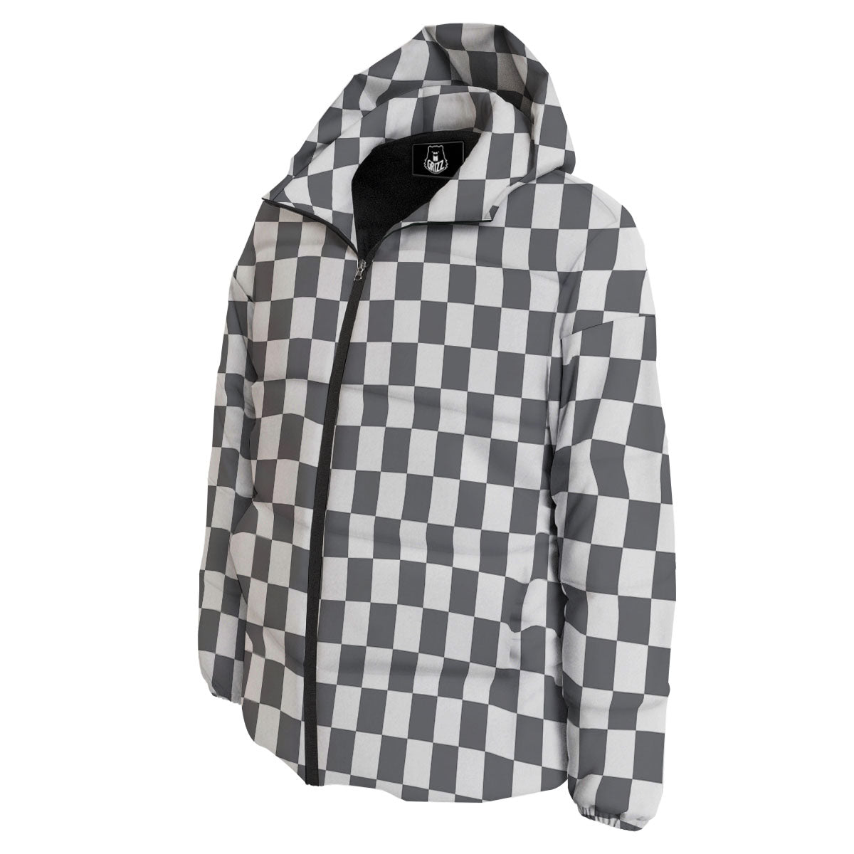 Checkered White And Grey Print Pattern Down Jacket-grizzshop