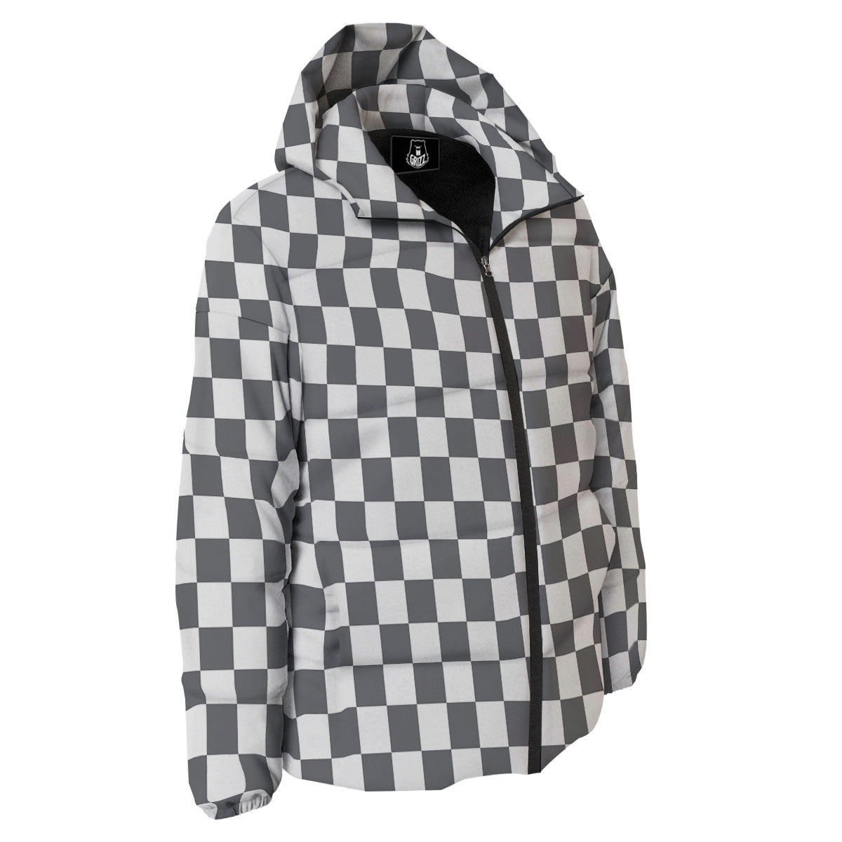 Checkered White And Grey Print Pattern Down Jacket-grizzshop