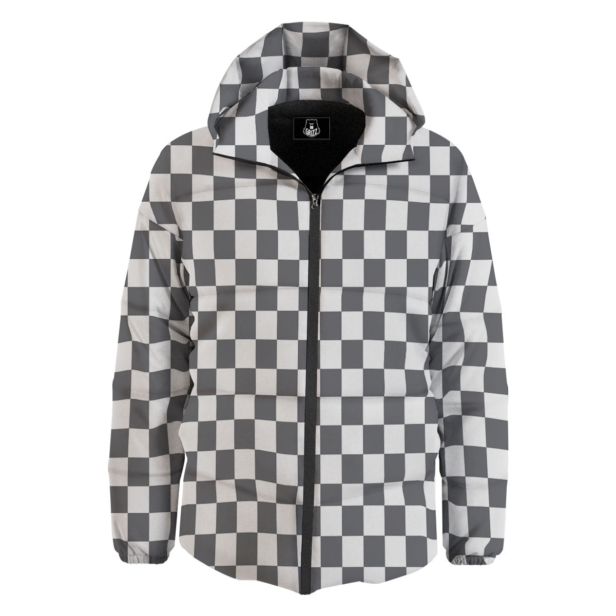 Checkered White And Grey Print Pattern Down Jacket-grizzshop