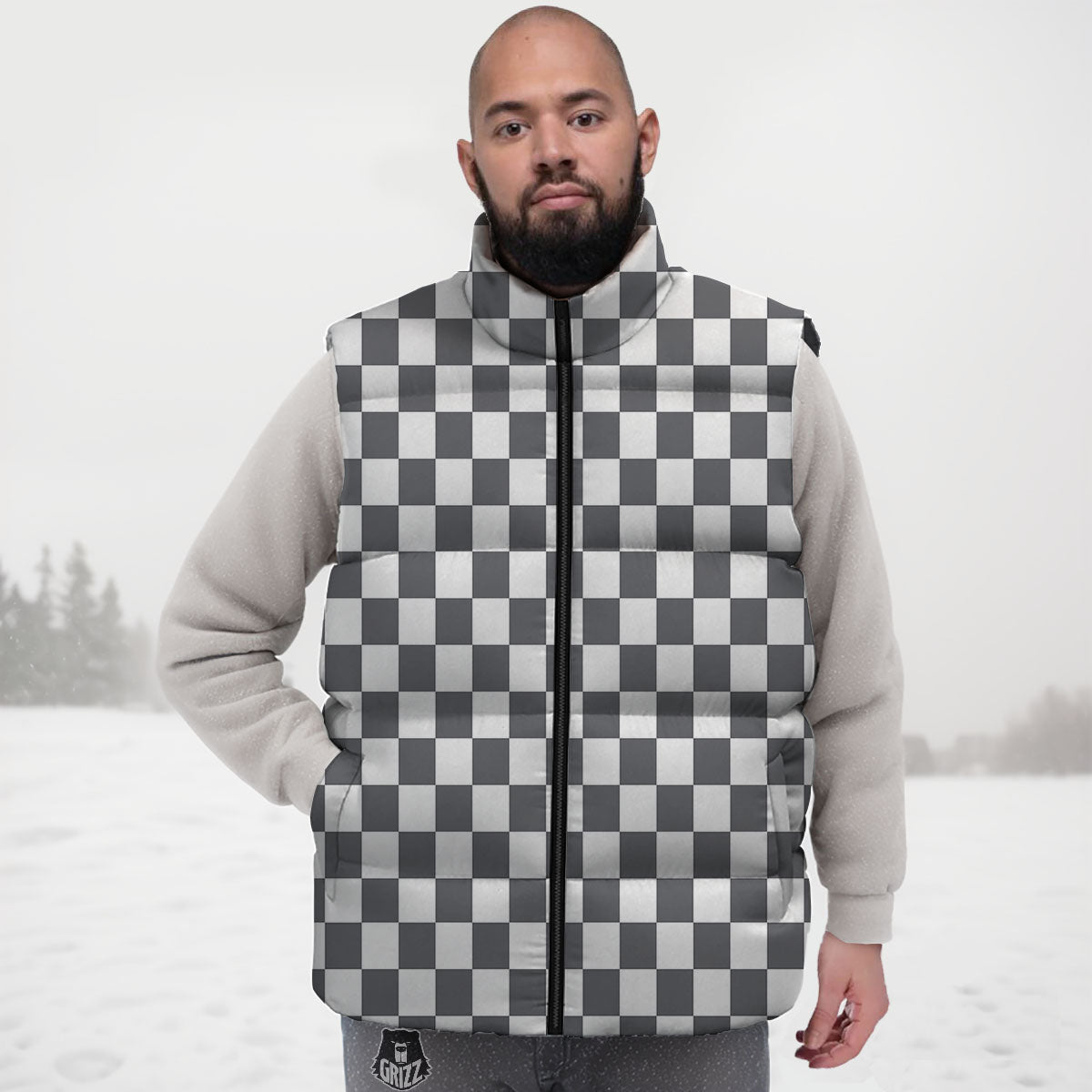 Checkered White And Grey Print Pattern Down Vest