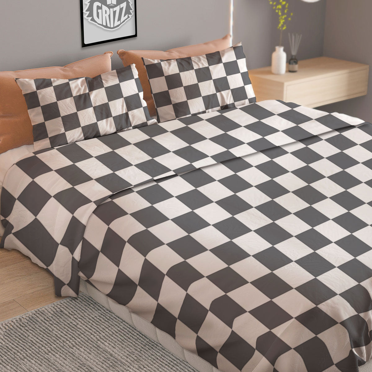 Checkered White And Grey Print Pattern Duvet Cover Bedding Set