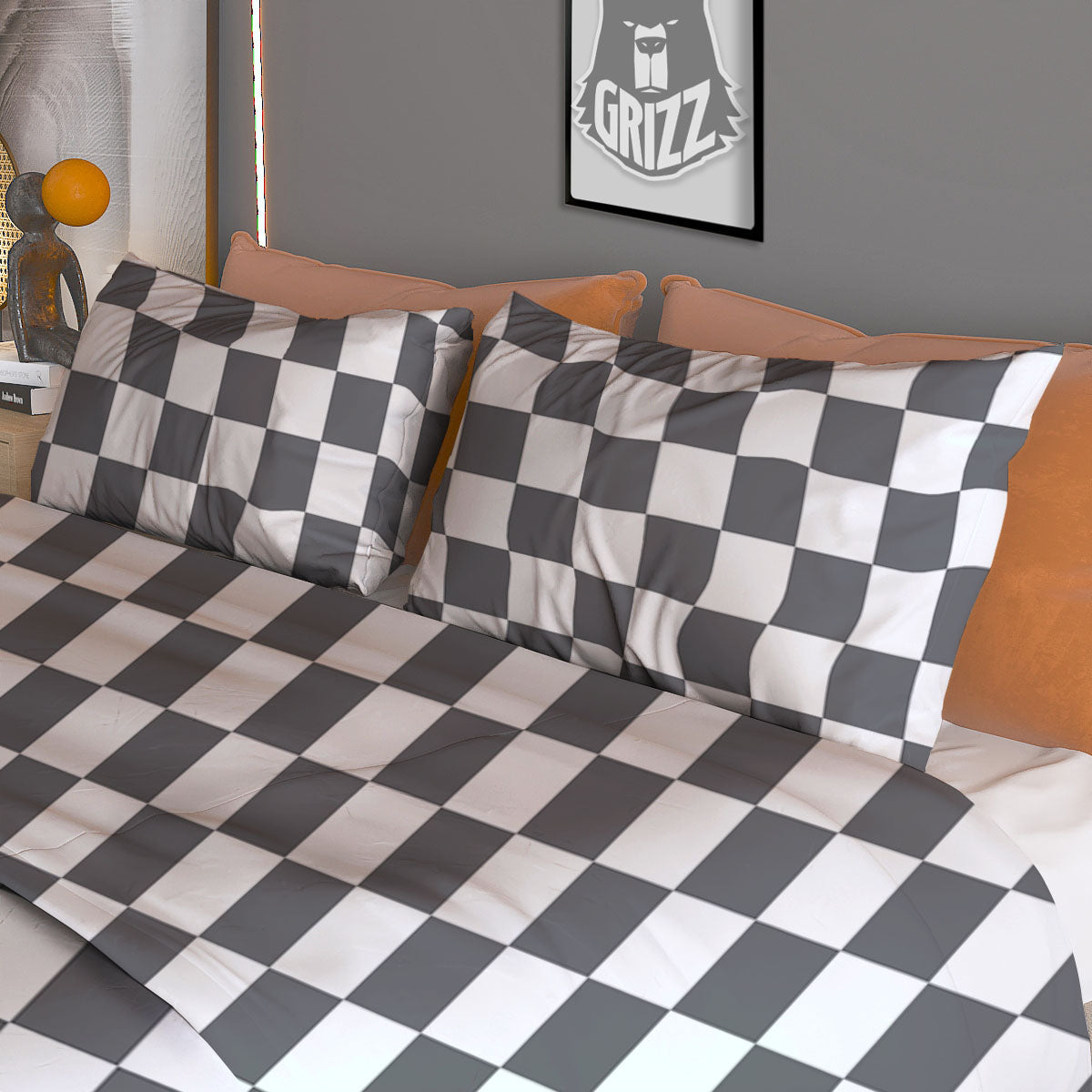 Checkered White And Grey Print Pattern Duvet Cover Bedding Set