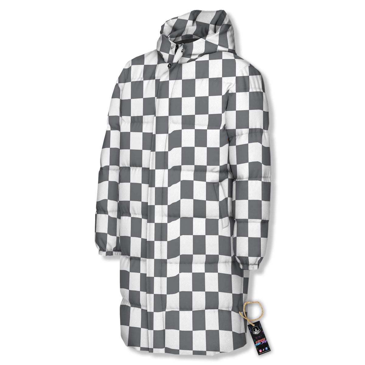 Checkered White And Grey Print Pattern Long Down Jacket-grizzshop