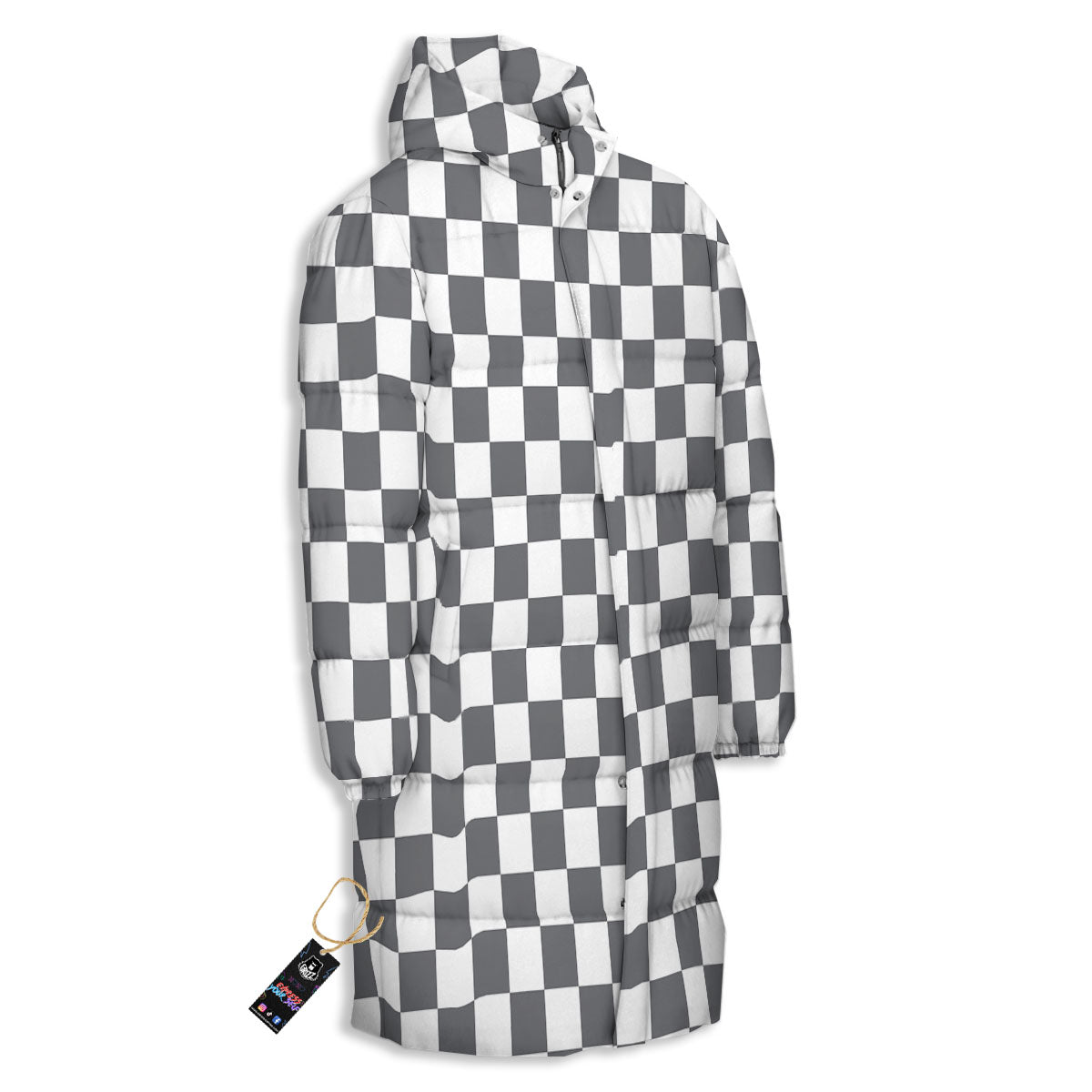Checkered White And Grey Print Pattern Long Down Jacket-grizzshop