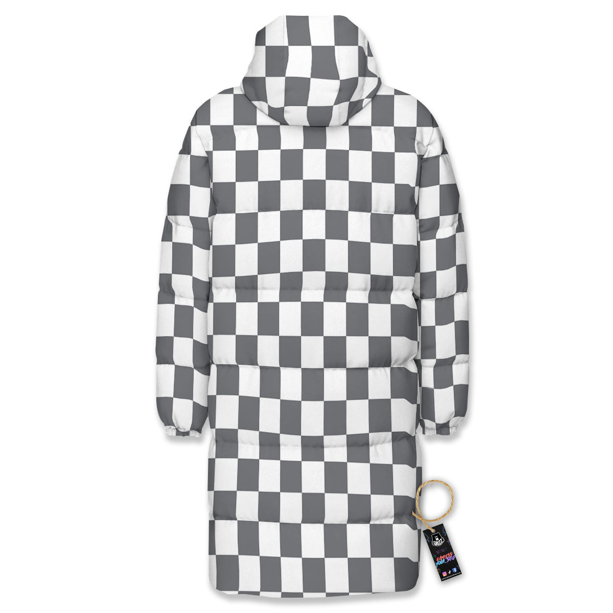 Checkered White And Grey Print Pattern Long Down Jacket-grizzshop