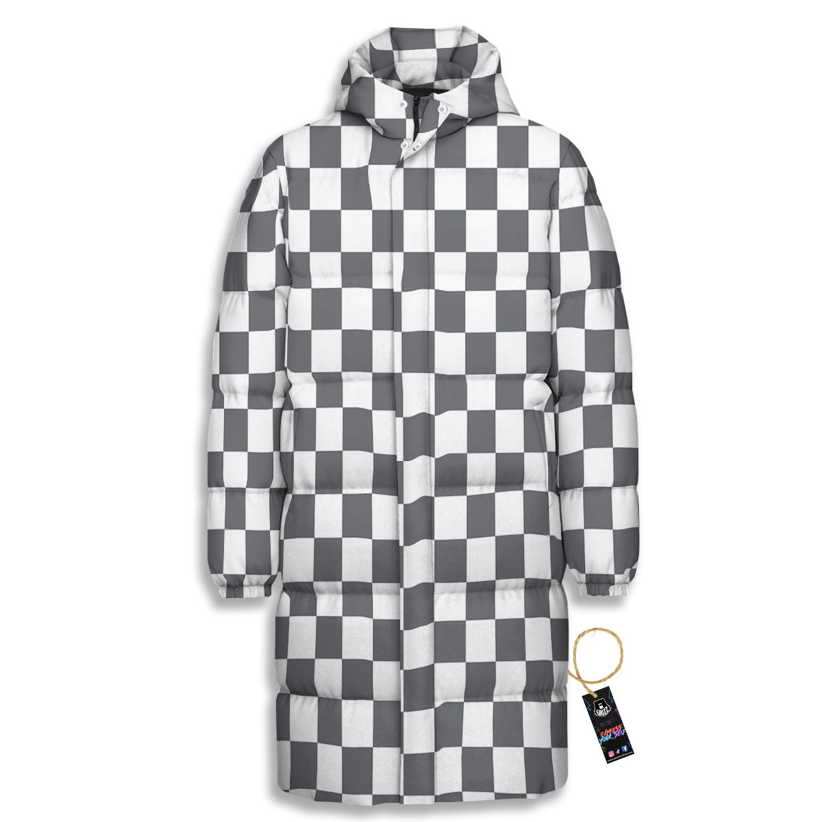 Checkered White And Grey Print Pattern Long Down Jacket-grizzshop