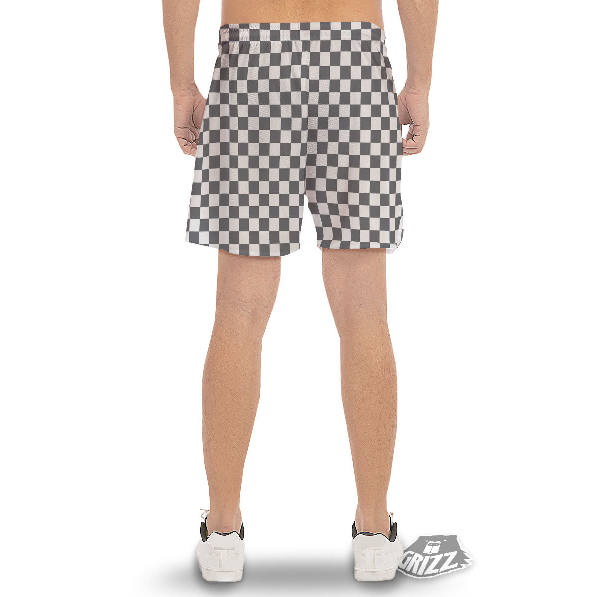 Checkered White And Grey Print Pattern Men's Gym Shorts-grizzshop