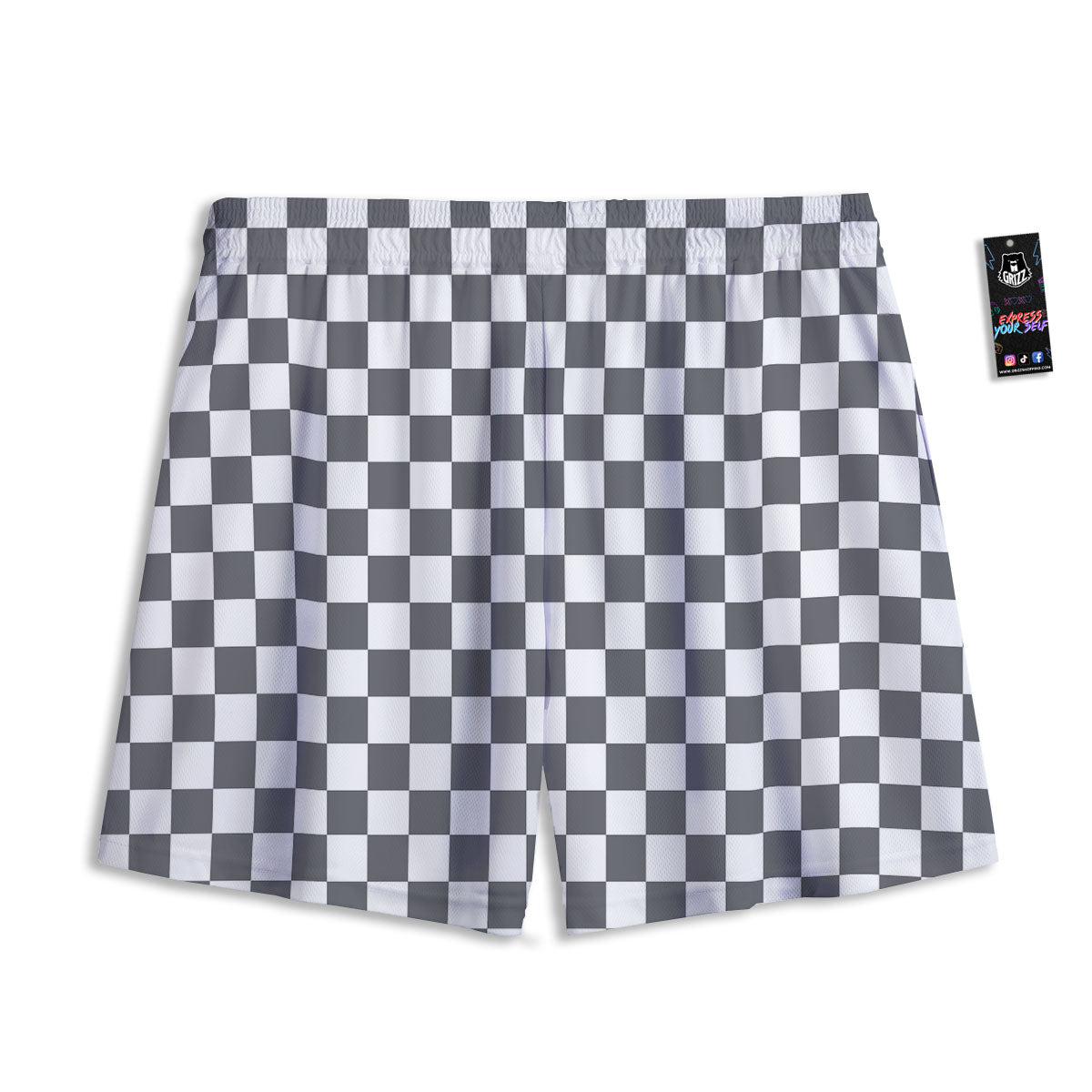 Checkered White And Grey Print Pattern Mesh Shorts