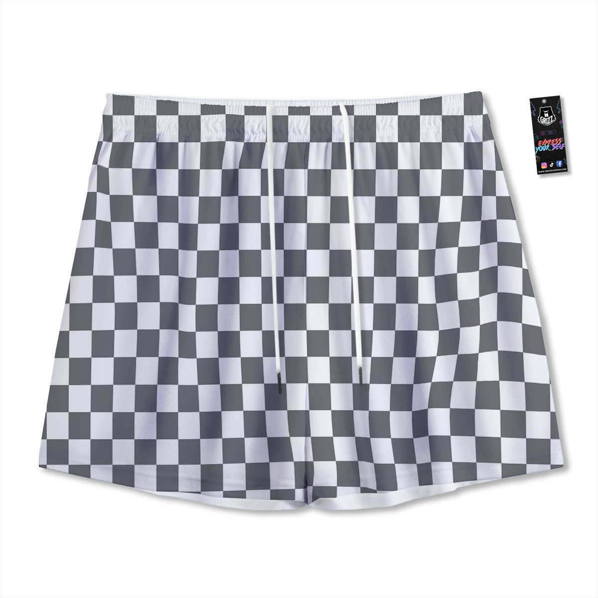 Checkered White And Grey Print Pattern Mesh Shorts