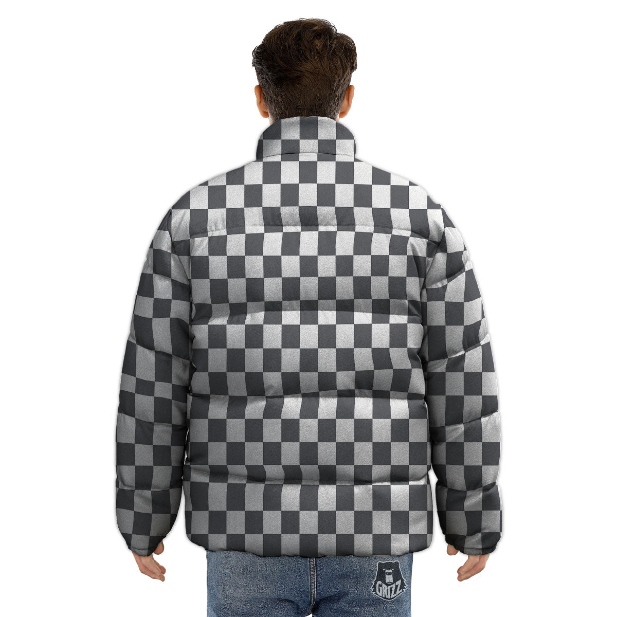 Checkered White And Grey Print Pattern Puffer Jacket-grizzshop