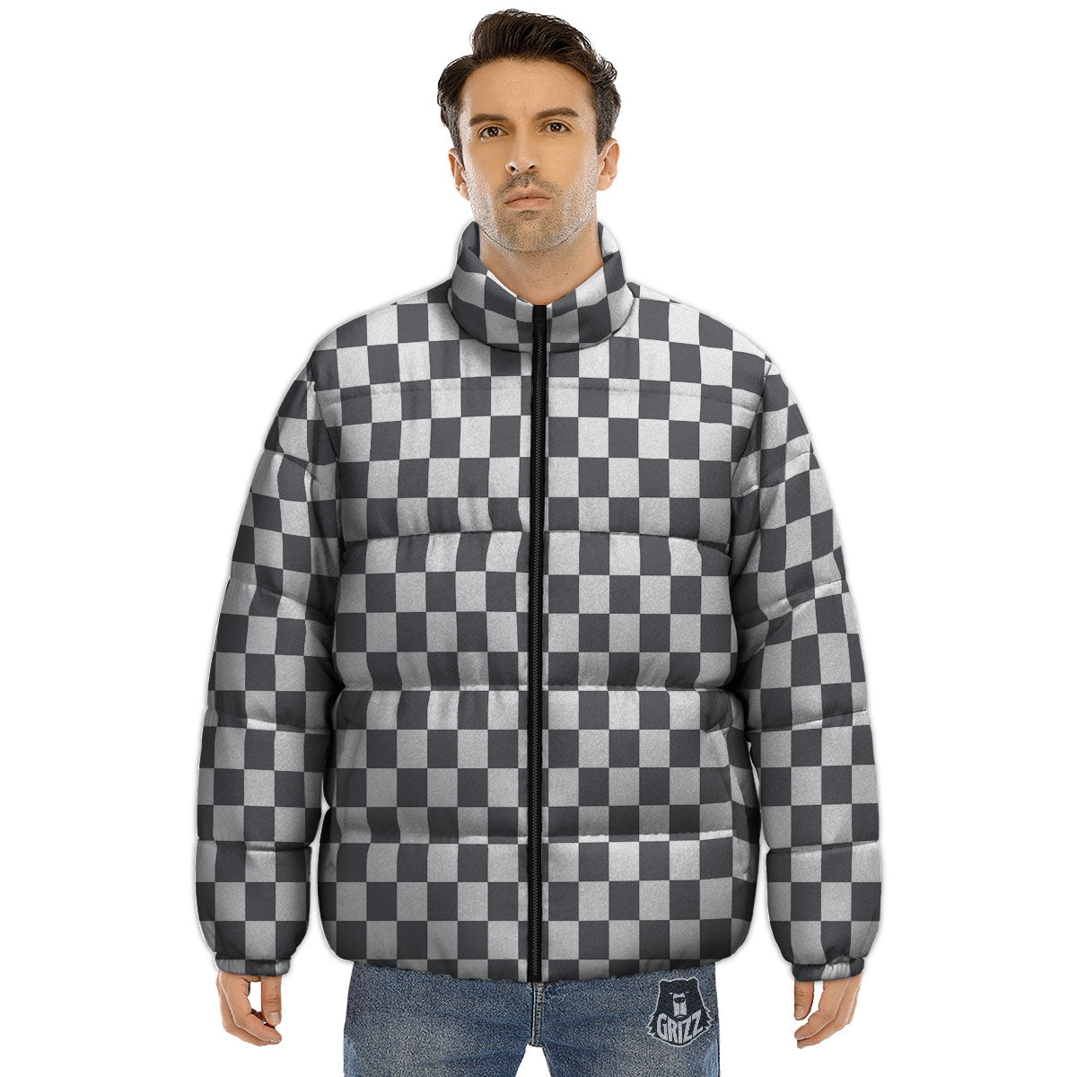 Checkered White And Grey Print Pattern Puffer Jacket-grizzshop