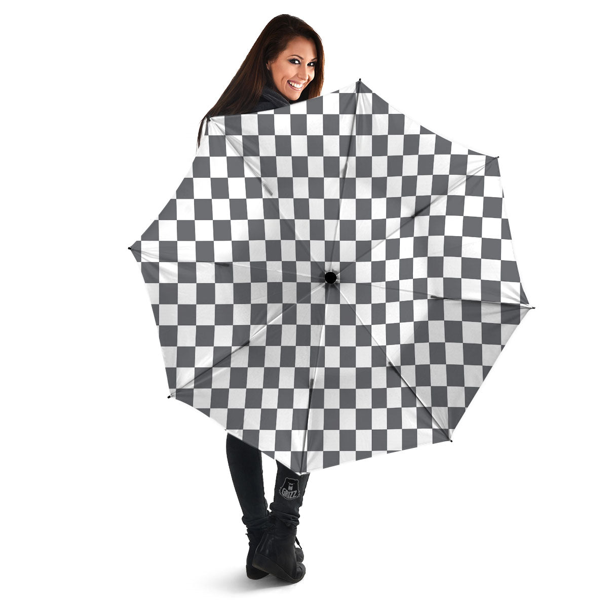 Checkered White And Grey Print Pattern Umbrella-grizzshop