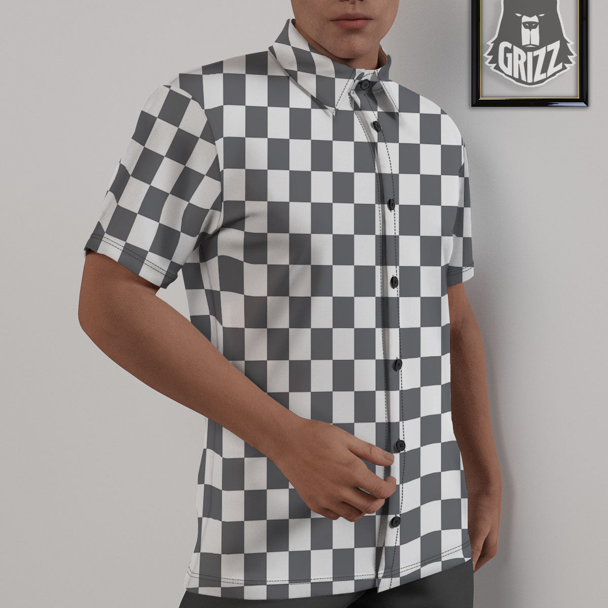 Checkered White And Grey Print Pattern Untucked Shirts-grizzshop