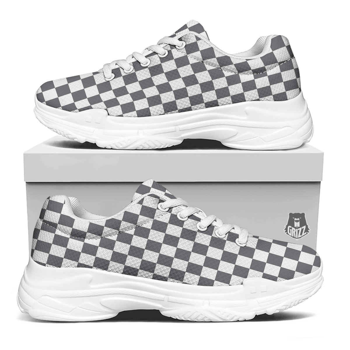 Checkered White And Grey Print Pattern White Chunky Shoes-grizzshop