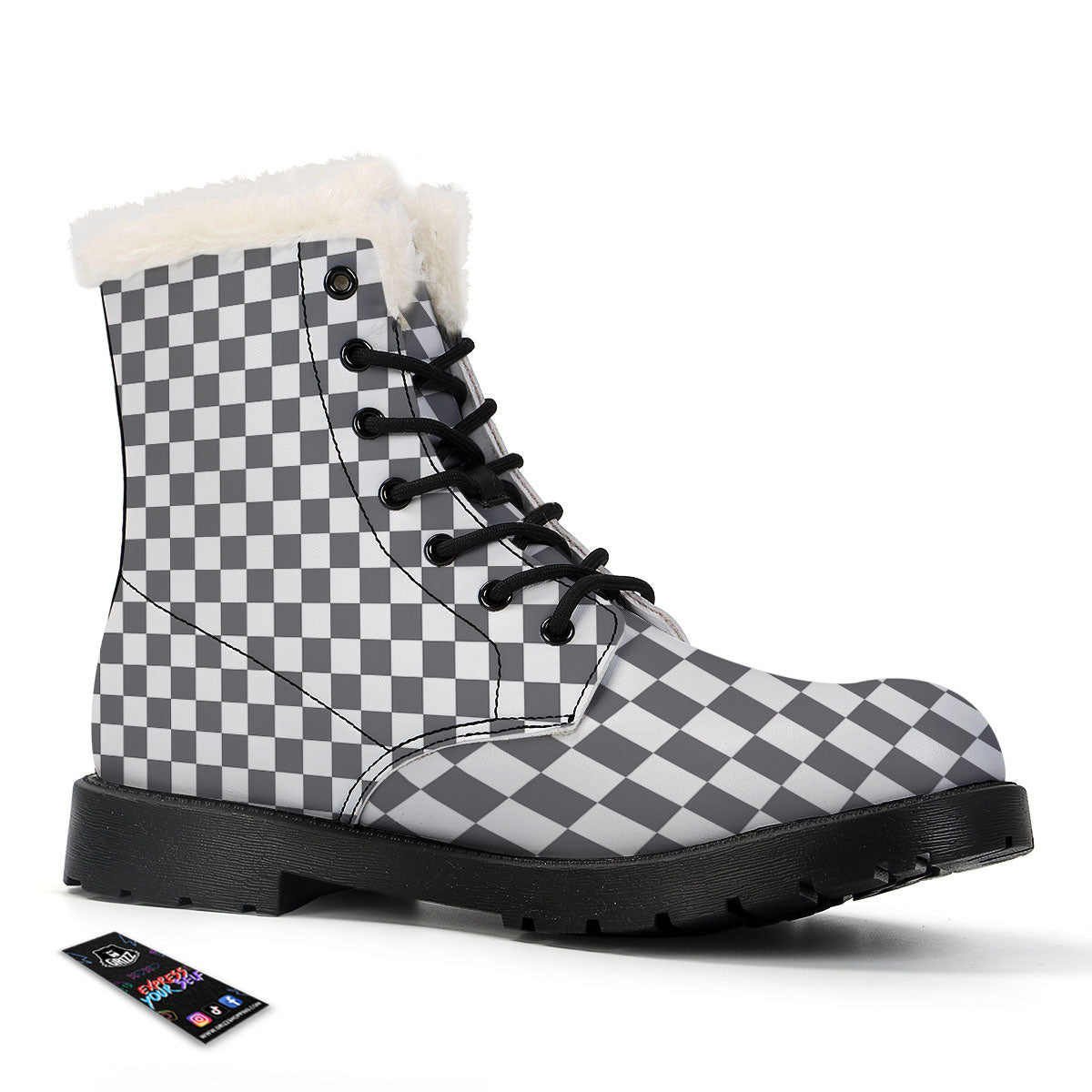 Checkered White And Grey Print Pattern Winter Boots-grizzshop