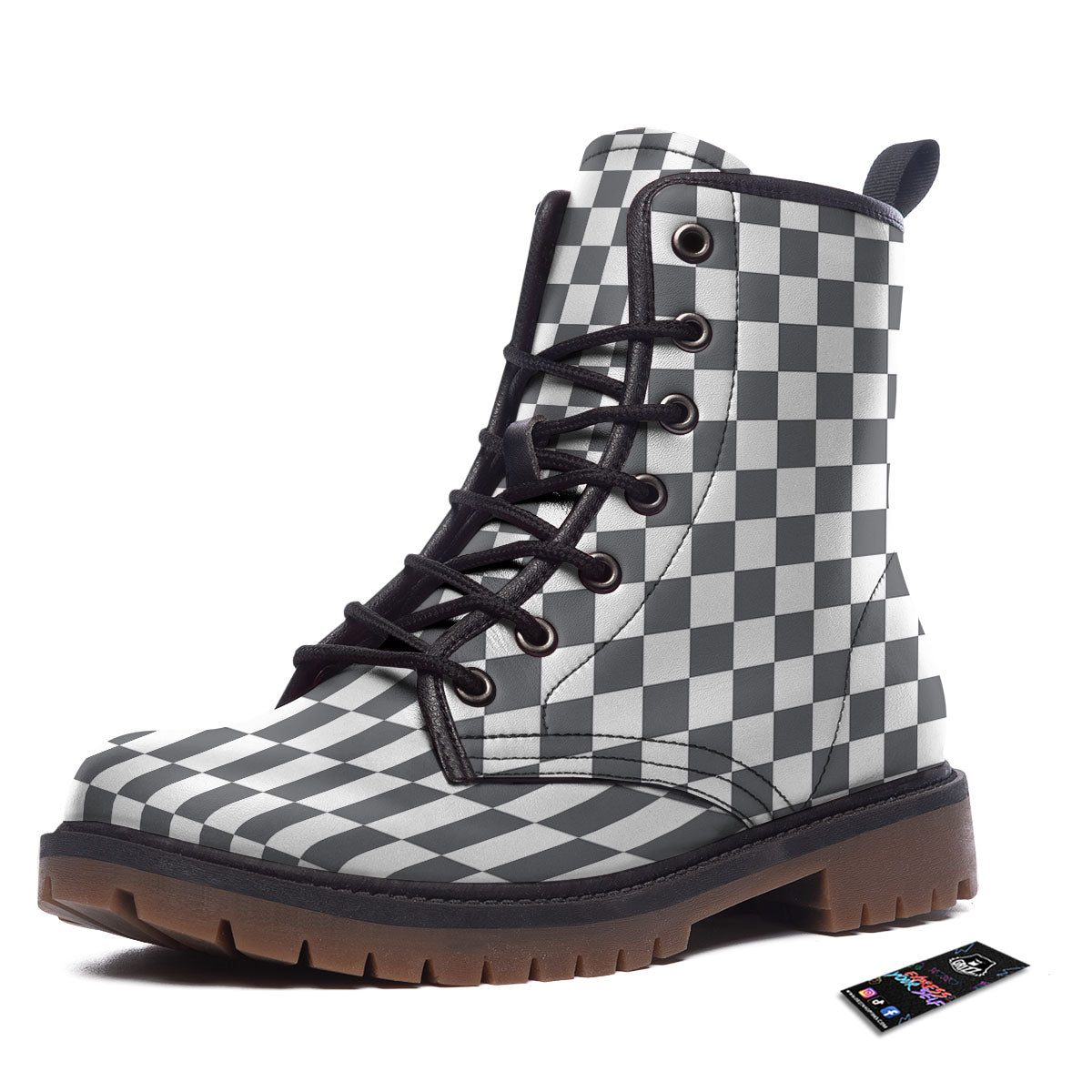 Checkered White And Grey Print Pattern Work Boots-grizzshop