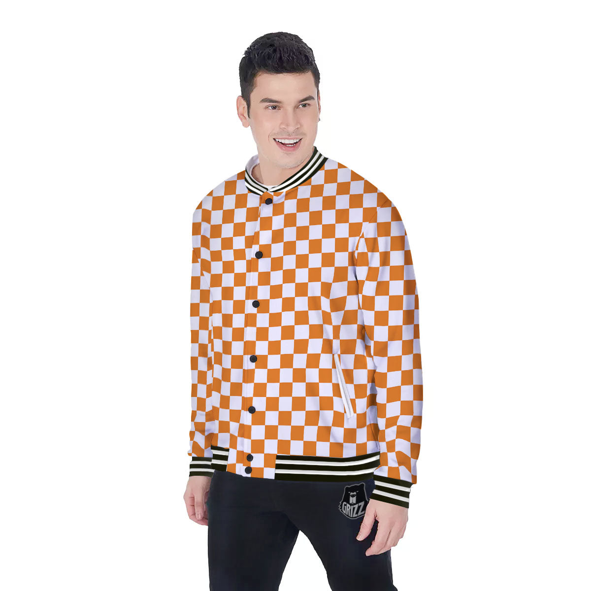 Checkered White And Orange Print Pattern Baseball Jacket-grizzshop