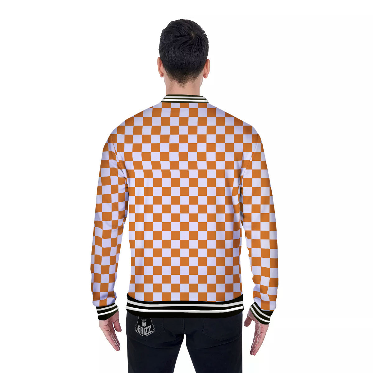 Checkered White And Orange Print Pattern Baseball Jacket-grizzshop