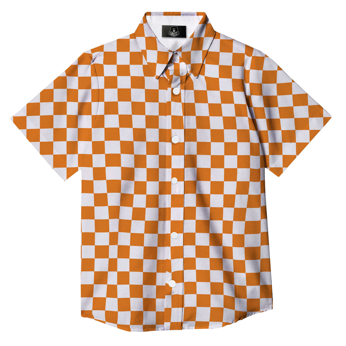 Checkered White And Orange Print Pattern Button Up Shirt-grizzshop