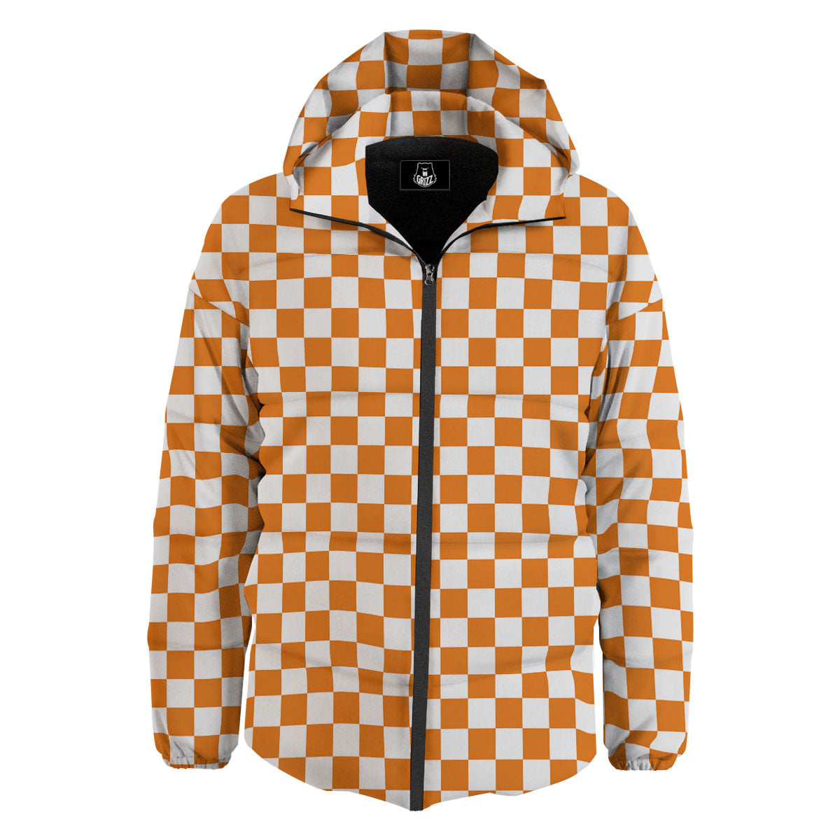 Checkered White And Orange Print Pattern Down Jacket-grizzshop