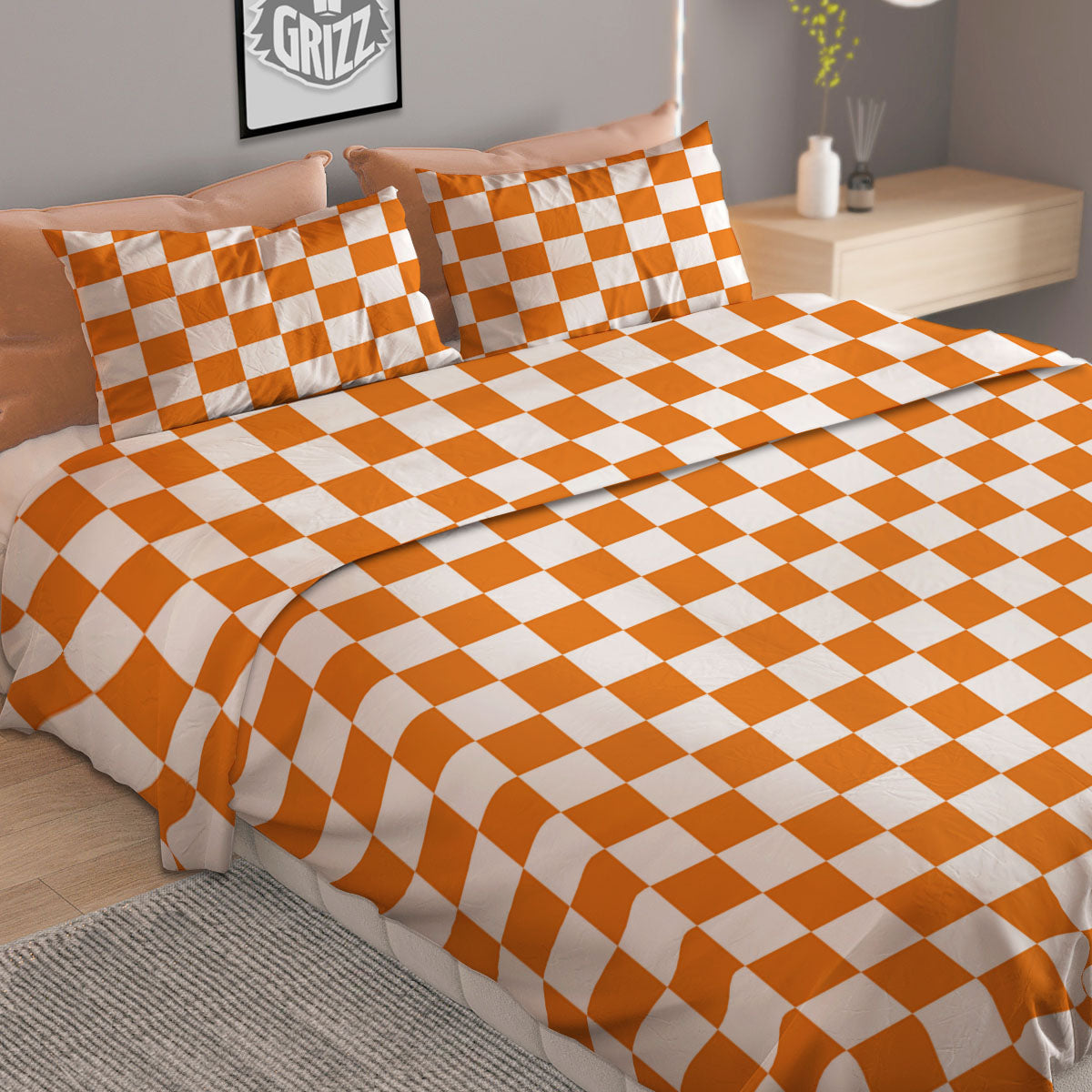 Checkered White And Orange Print Pattern Duvet Cover Bedding Set