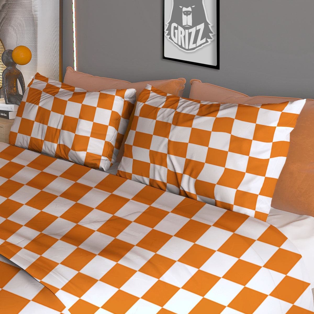 Checkered White And Orange Print Pattern Duvet Cover Bedding Set
