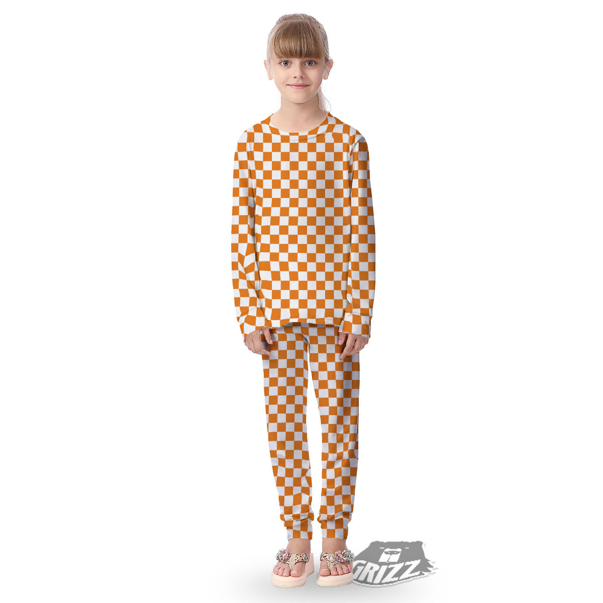 Checkered White And Orange Print Pattern Kid's Pajamas-grizzshop