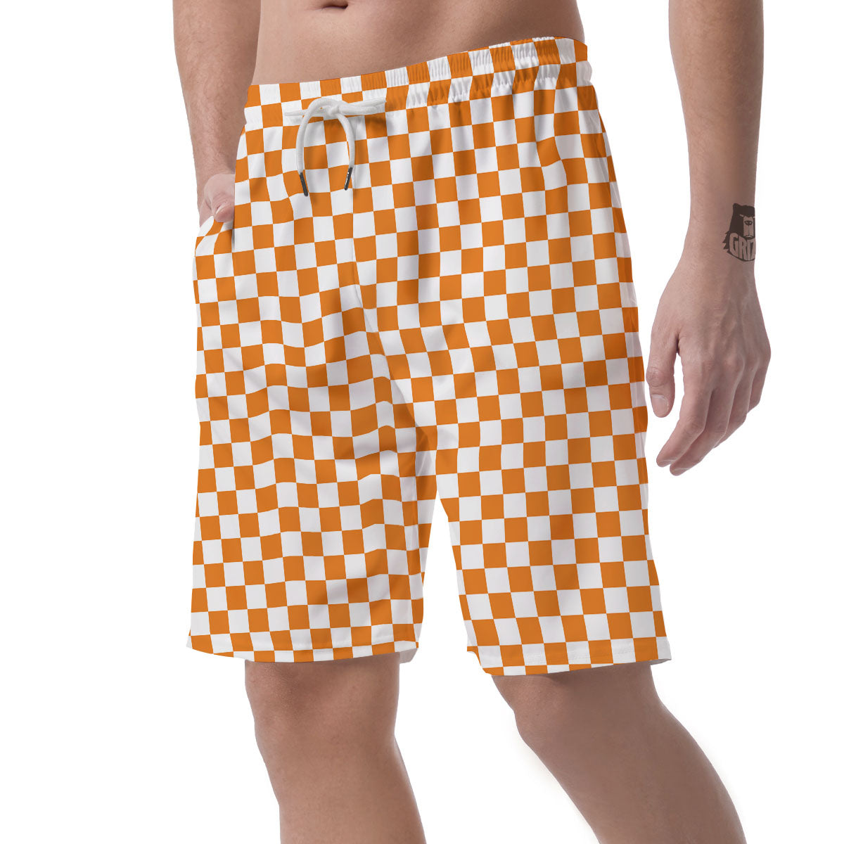 Checkered White And Orange Print Pattern Men's Shorts-grizzshop