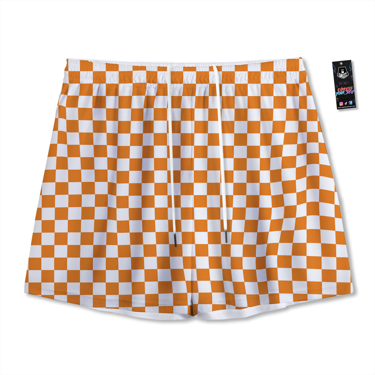 Checkered White And Orange Print Pattern Mesh Shorts