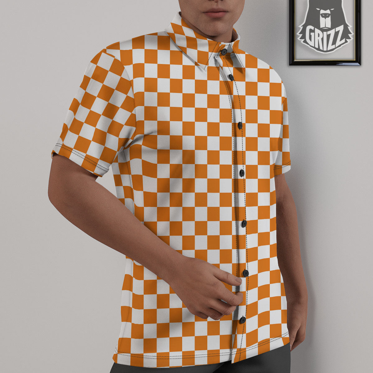 Checkered White And Orange Print Pattern Untucked Shirts-grizzshop