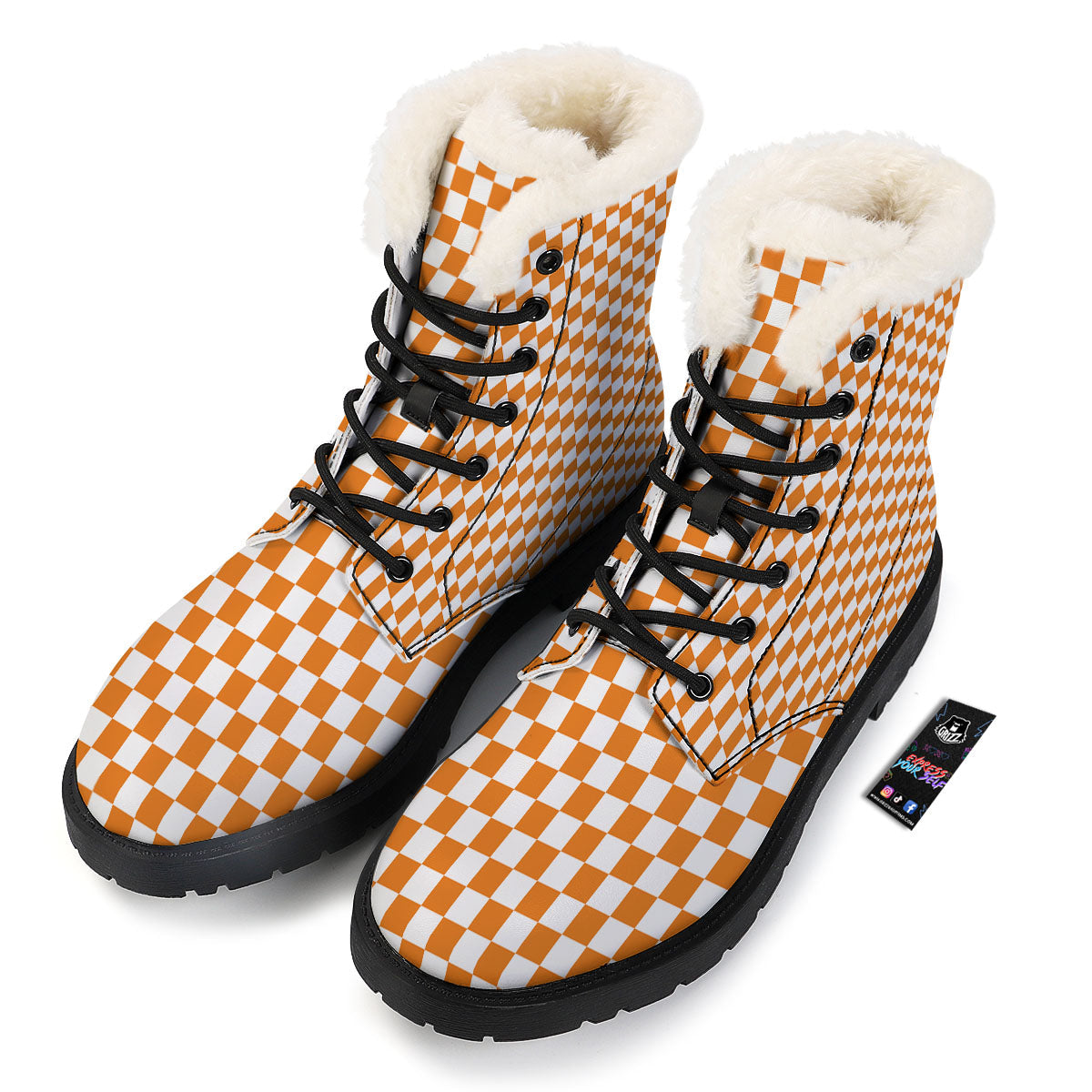 Checkered White And Orange Print Pattern Winter Boots-grizzshop