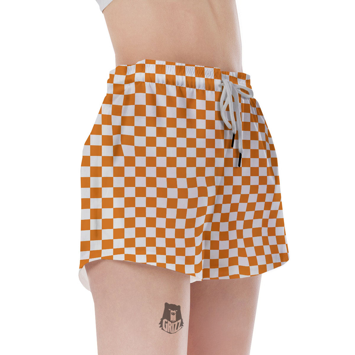 Checkered White And Orange Print Pattern Women's Shorts-grizzshop