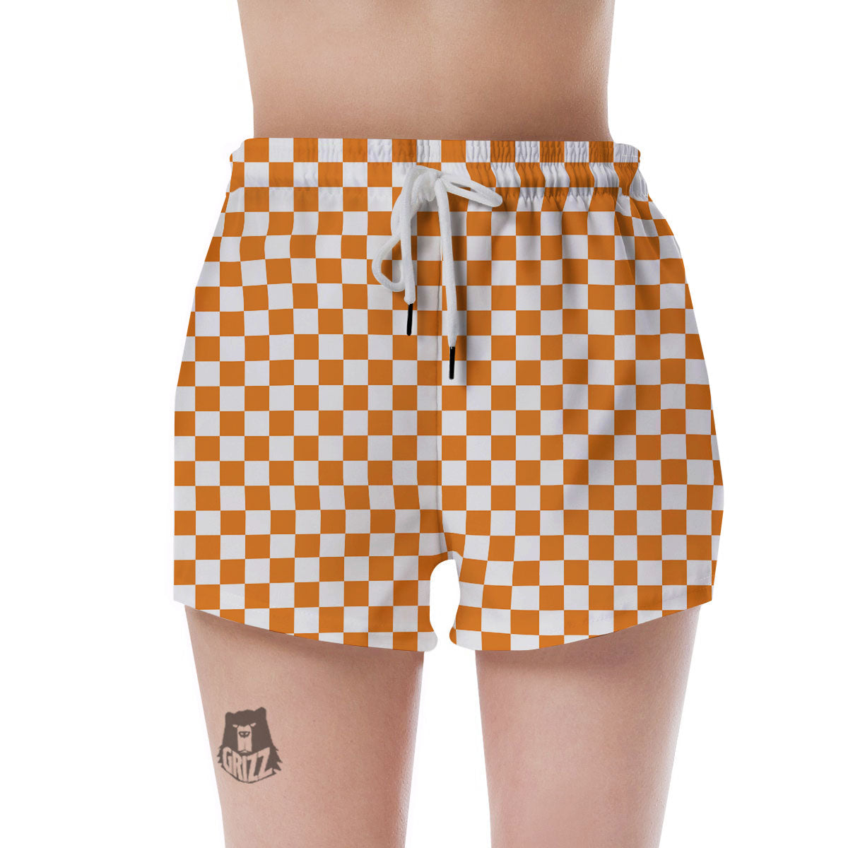 Checkered White And Orange Print Pattern Women's Shorts-grizzshop