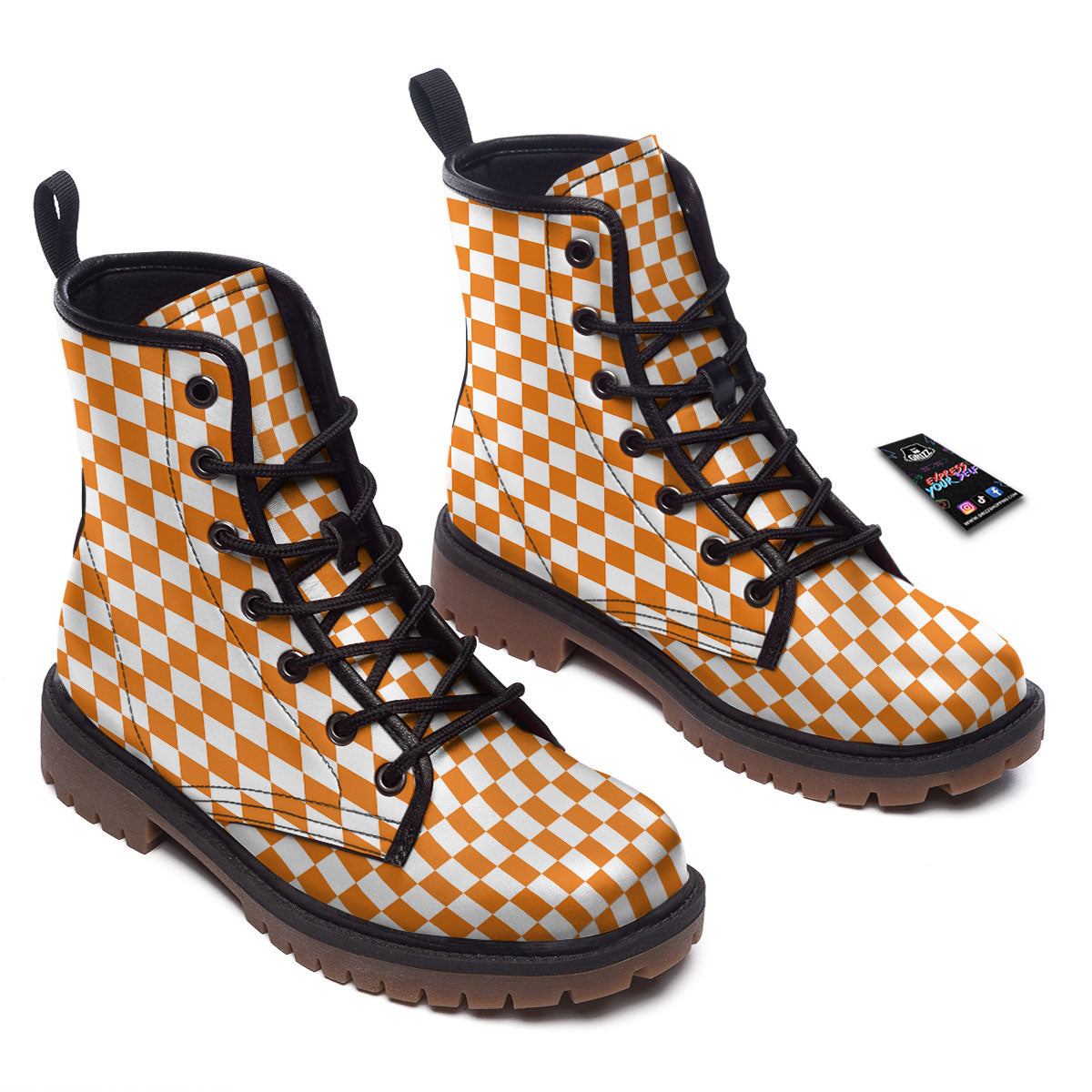 Checkered White And Orange Print Pattern Work Boots-grizzshop