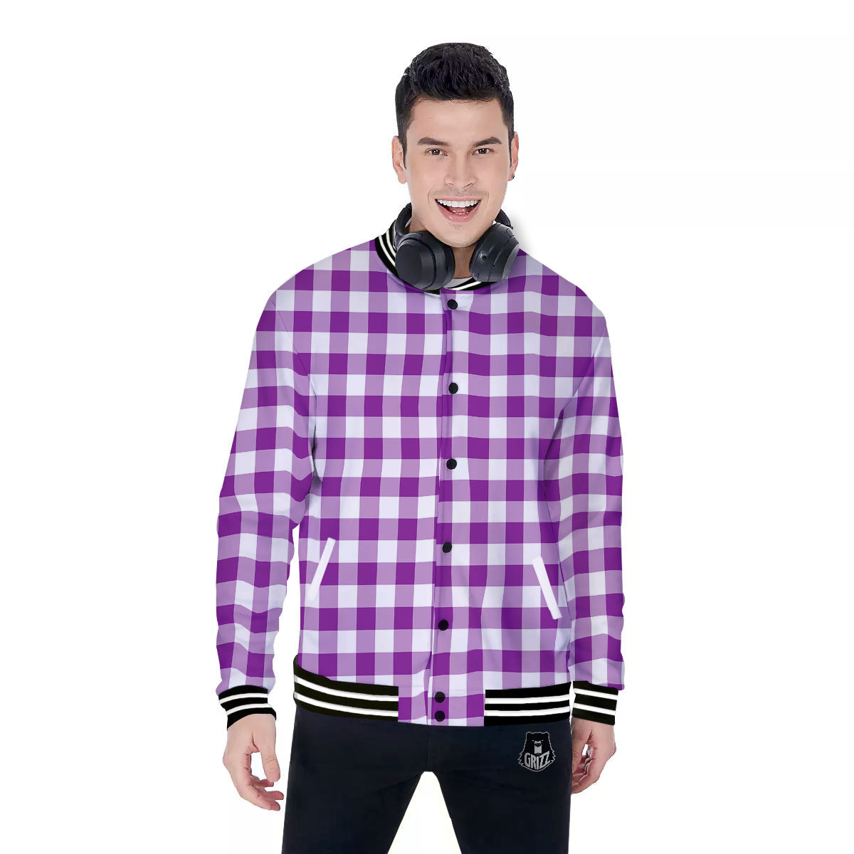 Checkered White And Purple Print Pattern Baseball Jacket-grizzshop