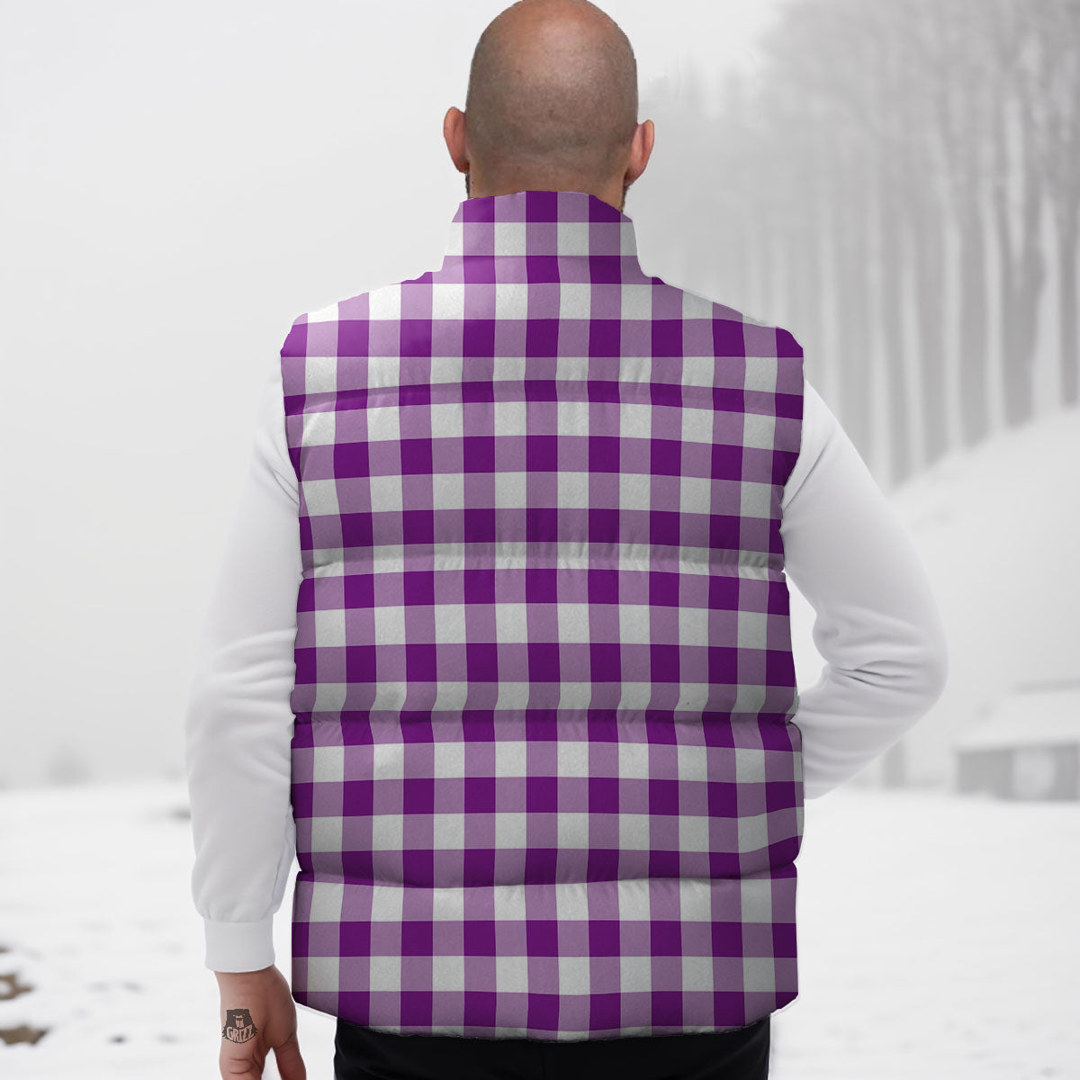 Checkered White And Purple Print Pattern Down Vest