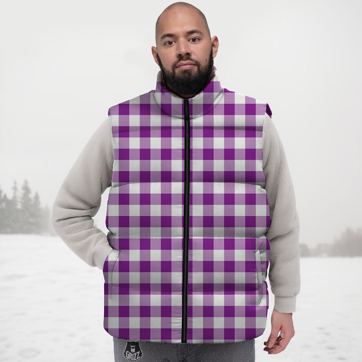 Checkered White And Purple Print Pattern Down Vest