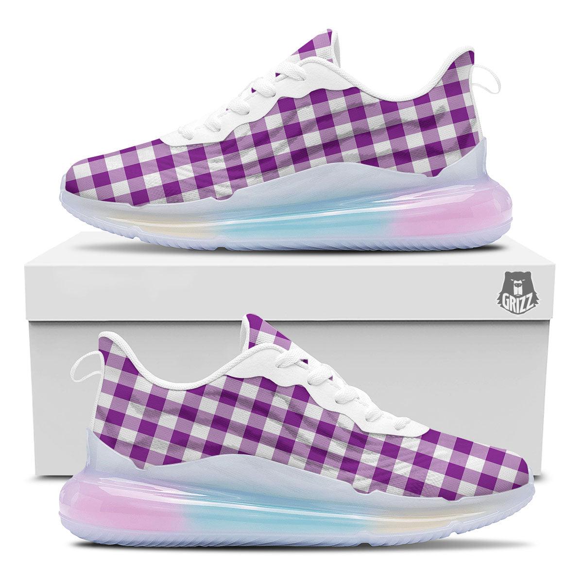 Checkered White And Purple Print Pattern Running Sneakers-grizzshop