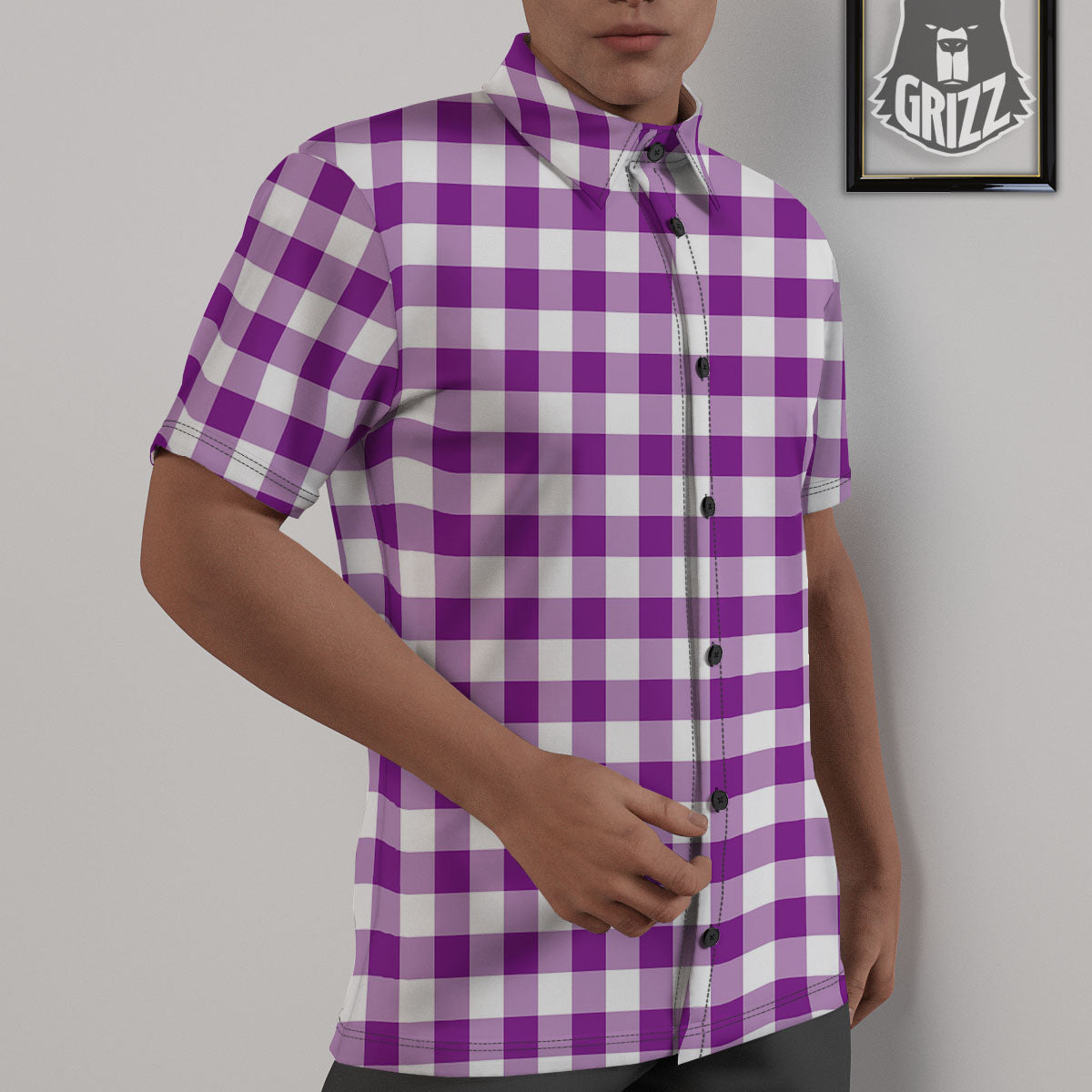 Checkered White And Purple Print Pattern Untucked Shirts-grizzshop