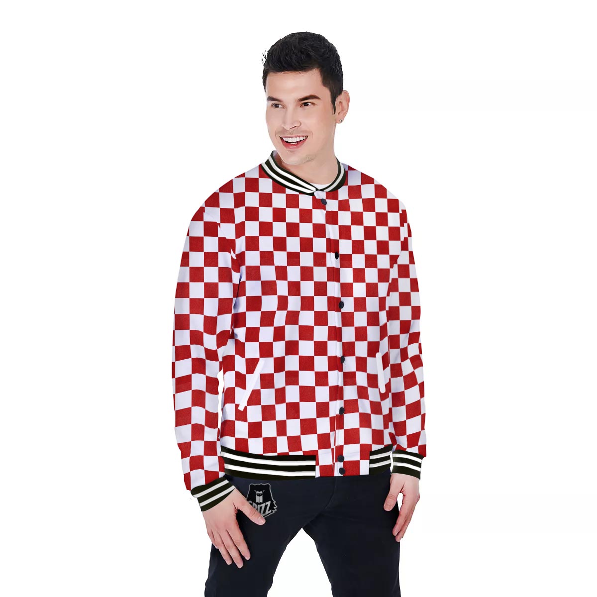 Checkered White And Red Print Pattern Baseball Jacket-grizzshop