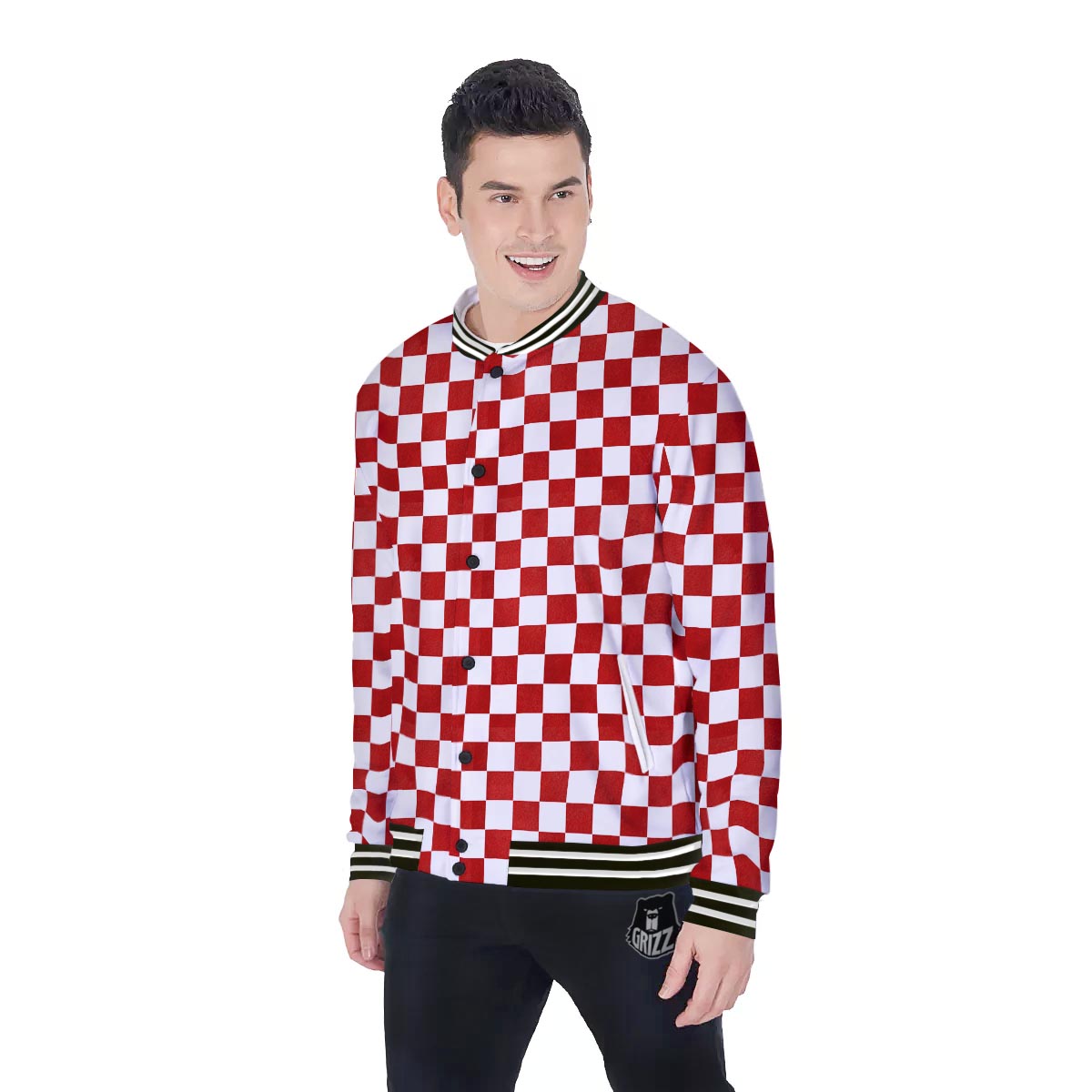 Checkered White And Red Print Pattern Baseball Jacket-grizzshop